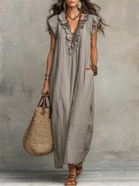 Norea | Boho-Kleid aus Leinen &amp; Baumwolle in Grau