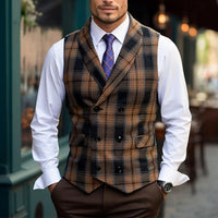 James | Herren Karo-Weste mit Knöpfen und Taschen in Khaki