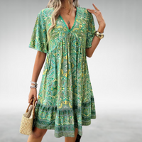Ottilia | Damen Boho V-Ausschnitt Minikleid in Grün