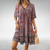 Ottilia | Damen Boho V-Ausschnitt Minikleid in Rot