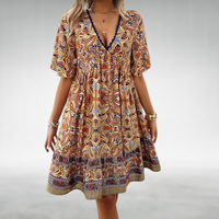 Ottilia | Damen Boho V-Ausschnitt Minikleid in Gelb