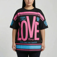 Oversized T-Shirt mit Grafik-Print für Damen in Schwarz Rosa