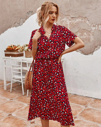 Elizabeth - Damen Midi Hemdkleid mit Tierdruck und kurzen Ärmeln in Rot