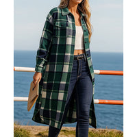 Damen Longline-Mantel mit Karomuster, Knöpfen und Taschen in Grun