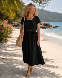 Elin | Besticktes Midikleid aus Baumwolle und Leinen in Schwarz