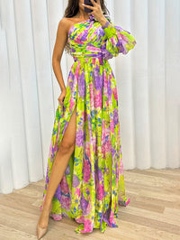 Philippa | Damen One-Shoulder Blüten Maxikleid mit Schlitz in Gelb