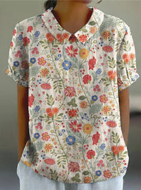Noémie | Damen Bluse Hanfgewebe Herbst Blumenmuster Natürlich Casual in Rosa