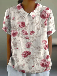 Noémie | Damen Bluse Hanfgewebe Herbst Blumenmuster Natürlich Casual in Lila