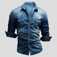 Ralf | Herren Jeanshemd Langarm im Used-Look in Dunkel Blau