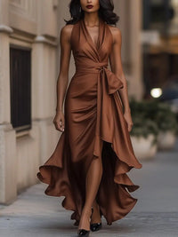 Raphaela | Damen Neckholder Wickel Abendkleid in Braun