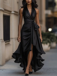 Raphaela | Damen Neckholder Wickel Abendkleid in Schwarz