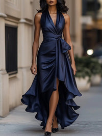Raphaela | Damen Neckholder Wickel Abendkleid in Marine Blau