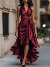 Raphaela | Damen Neckholder Wickel Abendkleid in Bordeauxrot