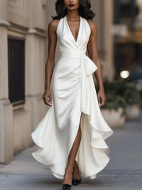 Raphaela | Damen Neckholder Wickel Abendkleid in Weiß