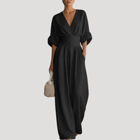 Reena | Damen Jumpsuit Weites Bein V-Ausschnitt Overall in Schwarz