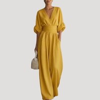 Reena | Damen Jumpsuit Weites Bein V-Ausschnitt Overall in Gelb