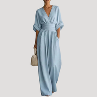 Reena | Damen Jumpsuit Weites Bein V-Ausschnitt Overall in Hellblau