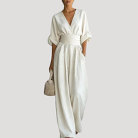 Reena | Damen Jumpsuit Weites Bein V-Ausschnitt Overall in Weiß