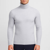 Rehbar | Herren Klassischer Zopfmuster Rollkragenpullover in Hellgrau