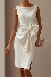 Elisabeth | Ärmelloses Midi-Cocktailkleid mit Schleife und Beinschlitz in Weiß