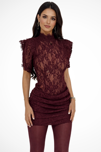 Rosalind | Damen Mock Neck Spitzen Mini Bodycon Kleid in Burgunder