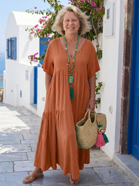 Rosemarie | Damen Stufenkleid Maxikleid mit Kurzarm in Orange