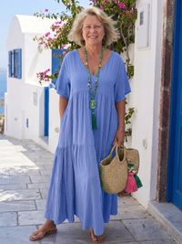 Rosemarie | Damen Stufenkleid Maxikleid mit Kurzarm in Blau