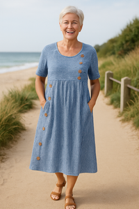 Roswen | Damen Gestreiftes Kurzarm Midikleid mit Knöpfen in Blau