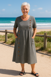 Roswen | Damen Gestreiftes Kurzarm Midikleid mit Knöpfen in Grau