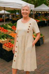 Roswen | Damen Gestreiftes Kurzarm Midikleid mit Knöpfen in Beige