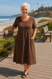 Roswen | Damen Gestreiftes Kurzarm Midikleid mit Knöpfen in Braun