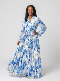 Lillian | Floral Langärmliges Wickel-Maxi-Kleid in Blau