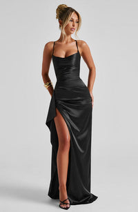 Sandra | Damen Langes Satin Abendkleid in Schwarz