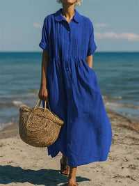 Saskia | Damen Hemdblusenkleid Maxikleid mit Knöpfen in Blau