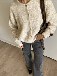 Damen Rundhals-Cardigan mit langen Ärmeln und Knöpfen in Beige