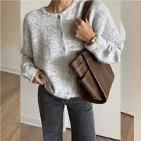 Damen Rundhals-Cardigan mit langen Ärmeln und Knöpfen in Hellgrau
