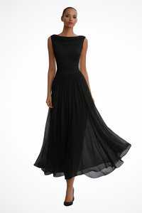 Seraphita | Damen Drapiertes Ärmellos Plissee Midikleid in Schwarz