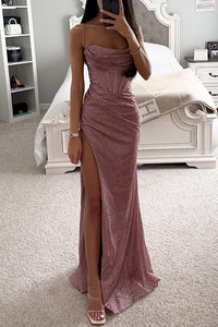 Serena | Pailletten Korsett Abendkleid mit Schlitz in Rosa