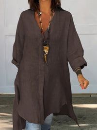 Sigrid | Damen Oversized Longbluse Hemdkragen Langarm in Dunkelbraun