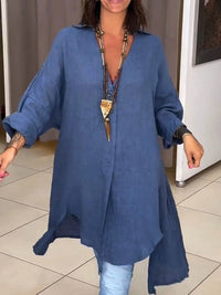 Sigrid | Damen Oversized Longbluse Hemdkragen Langarm in Dunkel Blau