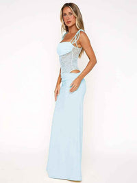 Sina | Damen Maxikleid Schnürträger Spitzen-Corsage Figurbetont Elegant in Blau