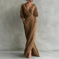 Solange | Damen V-Ausschnitt Langarm Wickelkleid in Braun