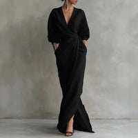 Solange | Damen V-Ausschnitt Langarm Wickelkleid in Schwarz