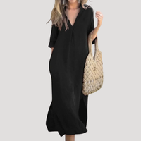 Solveig | Damen Midikleid mit V-Ausschnitt Relaxed Fit in Schwarz