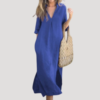 Solveig | Damen Midikleid mit V-Ausschnitt Relaxed Fit in Blau