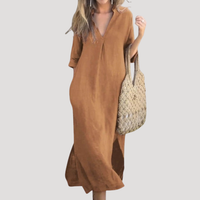 Solveig | Damen Midikleid mit V-Ausschnitt Relaxed Fit in Braun