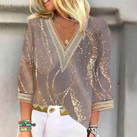 Soraya | Damen Festliche Glitzerbluse V-Ausschnitt 3/4-Arm in Braun