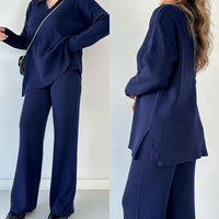 Rosalie - Lässiges Zweiteiler-Set mit V-Ausschnitt und Schlitz in Blau