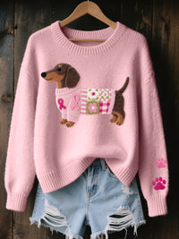 Naoni – Strickpullover mit Dackelmotiv aus Wollfilz in Rosa