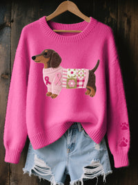 Naoni – Strickpullover mit Dackelmotiv aus Wollfilz in Dunkelrosa